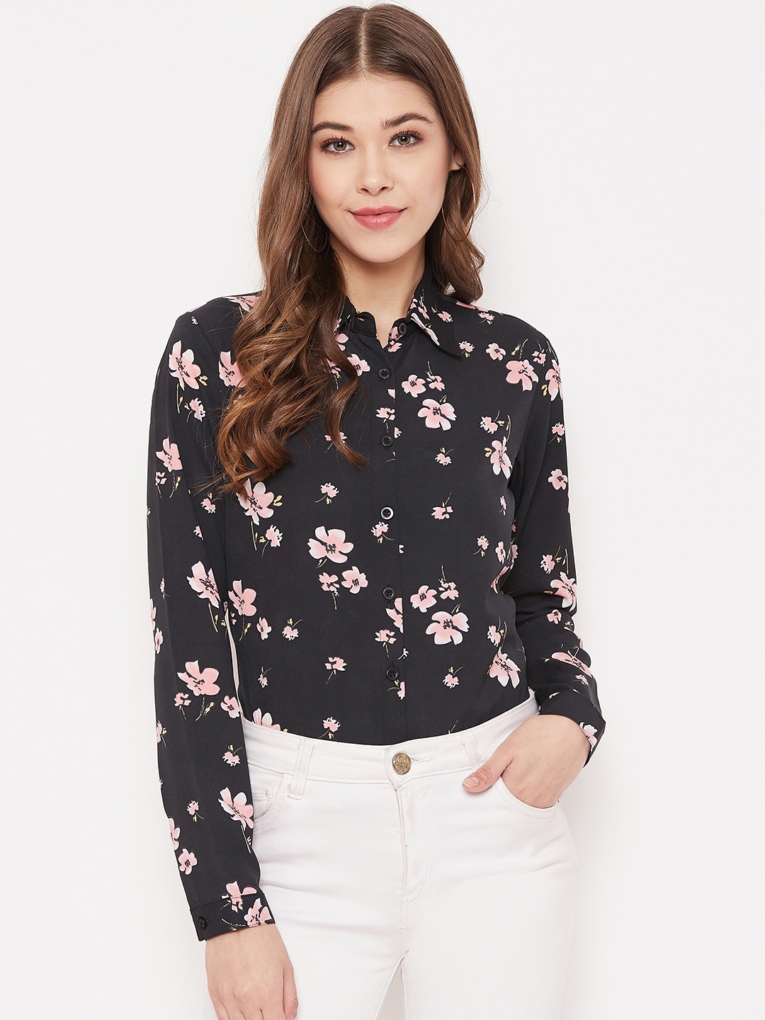

PURYS Women Black & Pink Regular Fit Printed Casual Shirt
