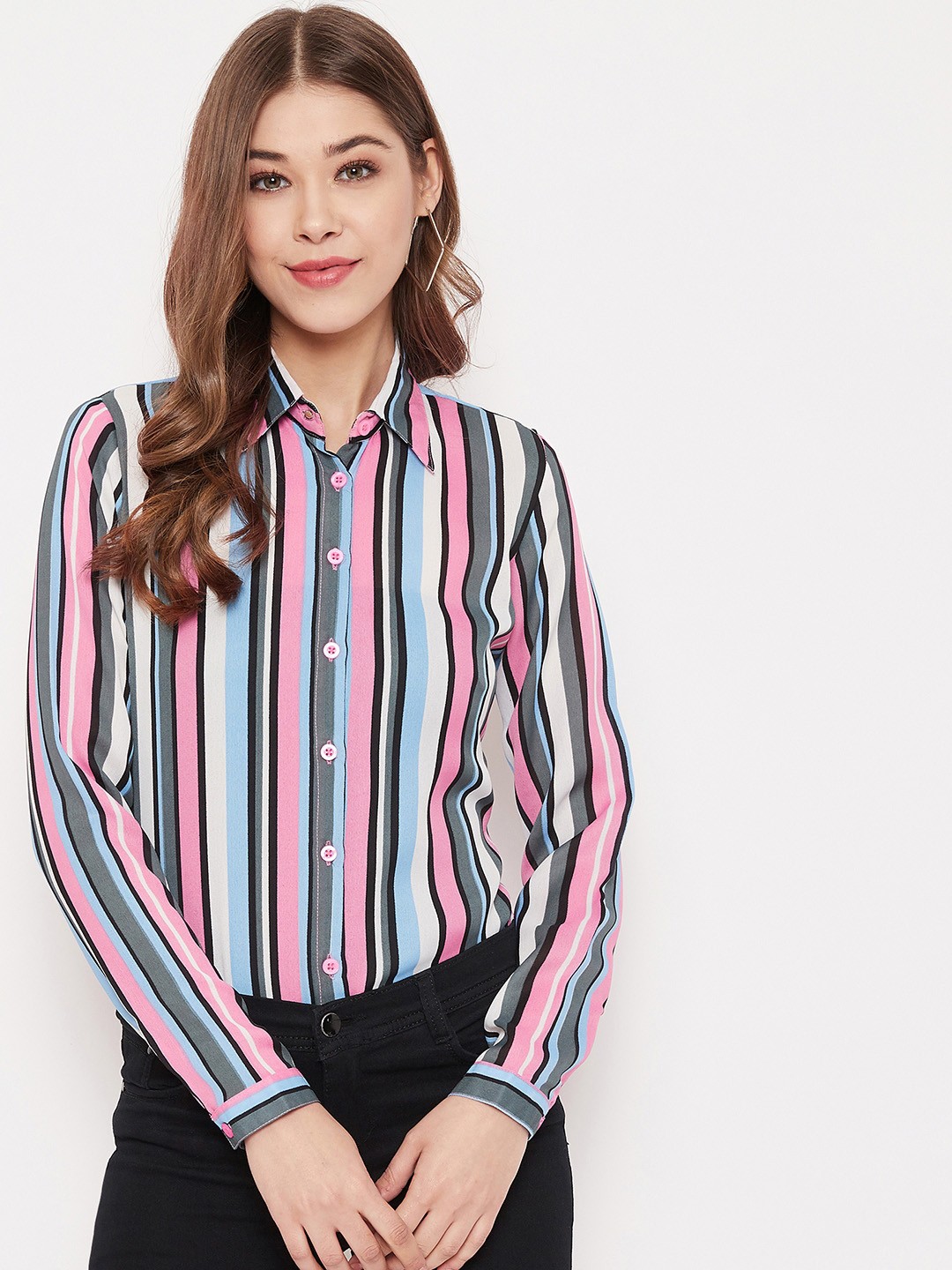 

PURYS Women Pink & Grey Regular Fit Striped Casual Shirt