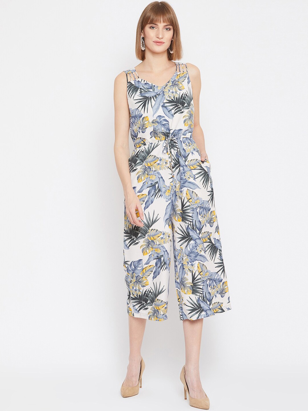 

PURYS Women White & Blue Printed Culotte Jumpsuit