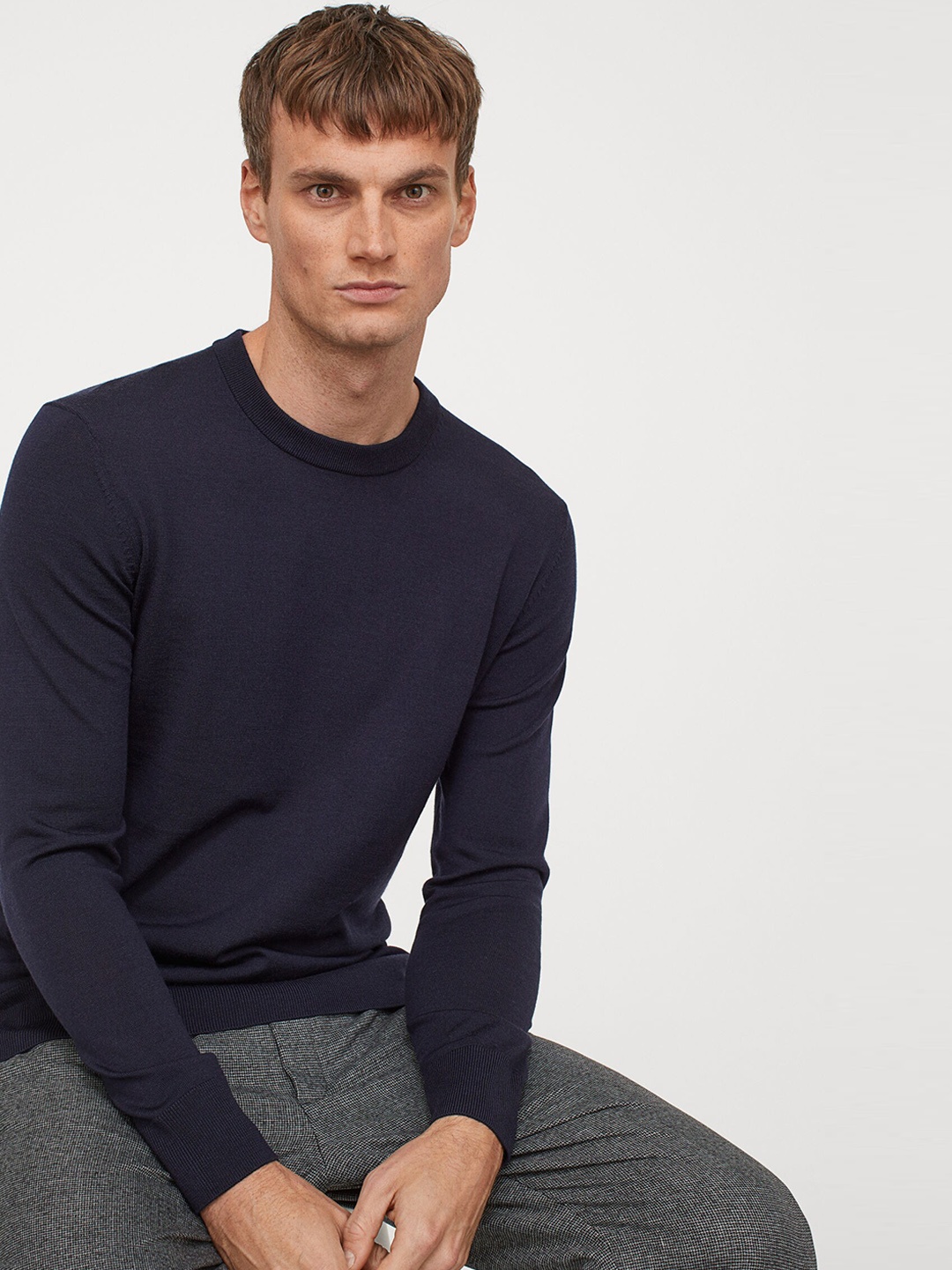 

H&M Men Navy Blue Solid Merino Wool Jumper Slim Fit