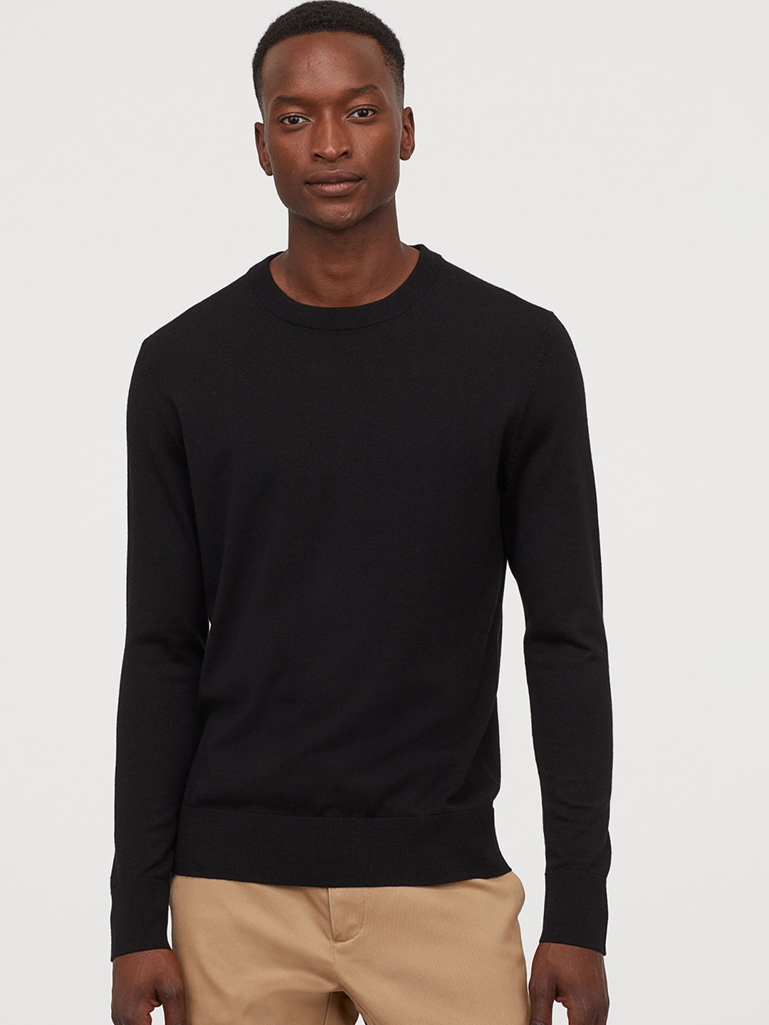 

H&M Men Black Solid Slim Fit Merino Wool Jumper