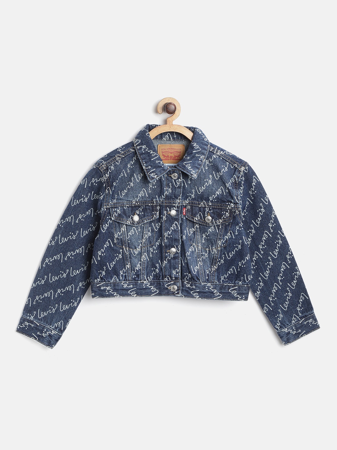 

Girls Navy Blue & Off-White Washed Brand Logo Print Oversized Crop Denim Jacket