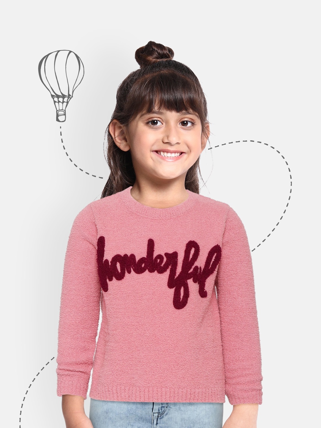 

YK Girls Pink & Maroon Typography Patterned Pullover Sweater
