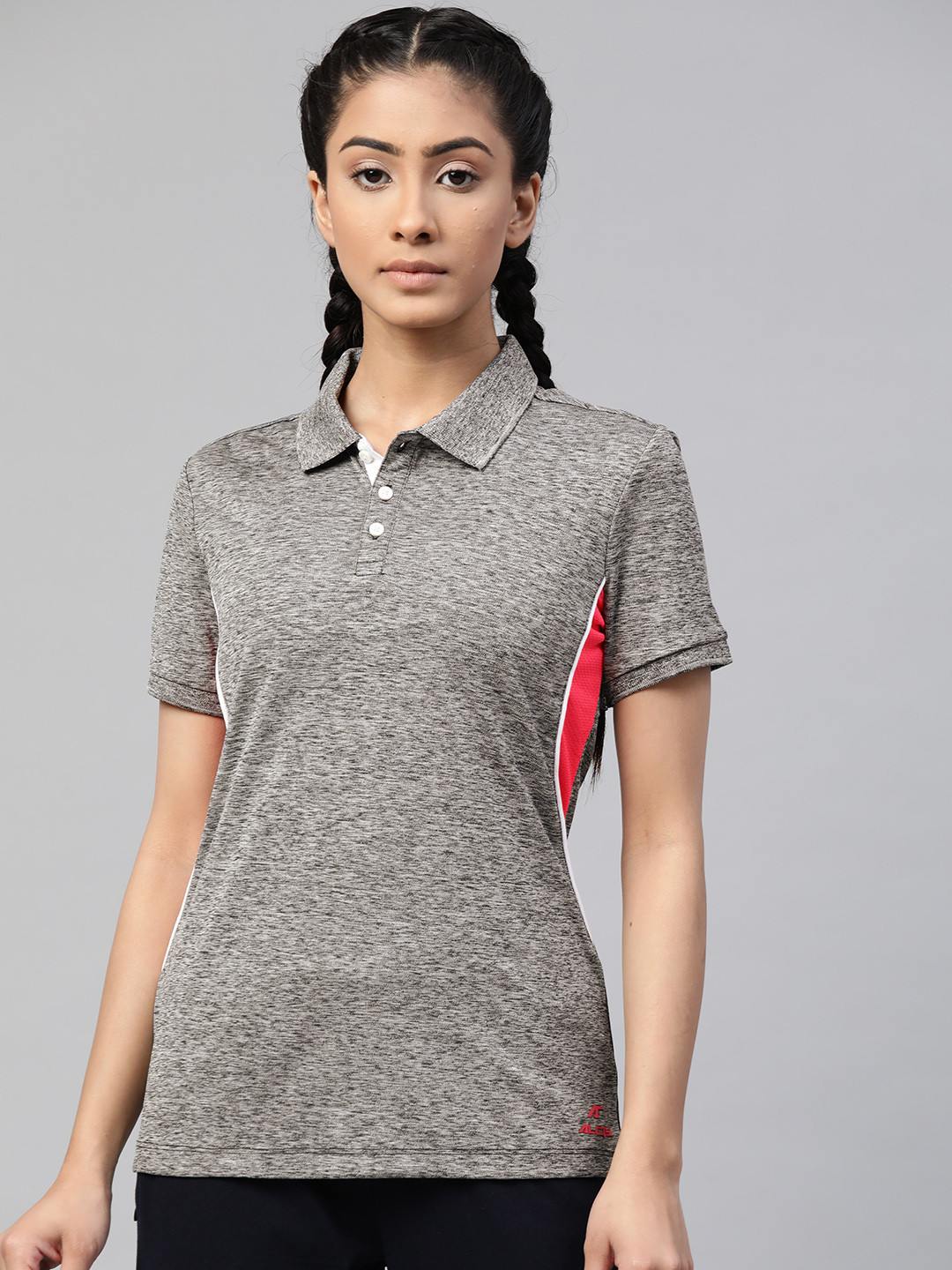 

Alcis Women Grey Melange Solid Polo Collar T-shirt
