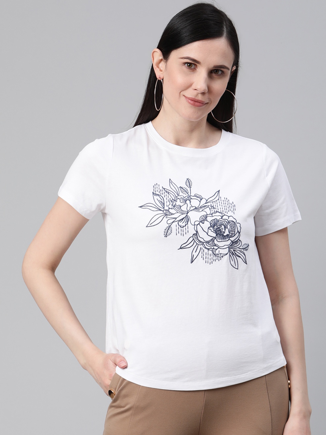 

Marks & Spencer Women White Embroidered Round Neck T-shirt
