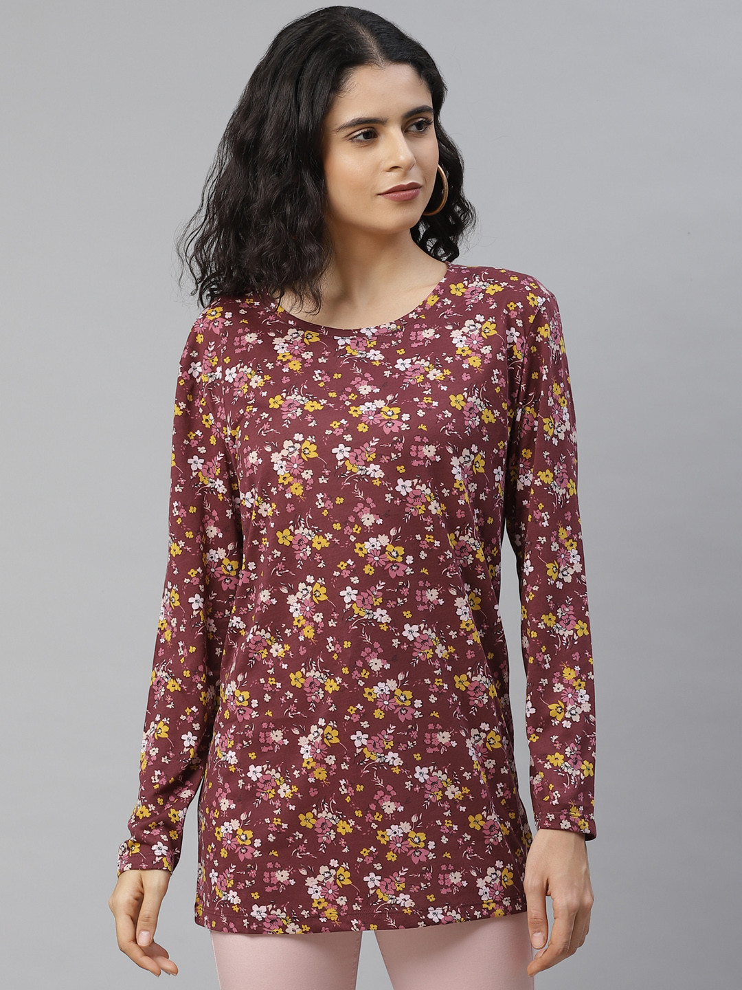 

Marks & Spencer Women Burgundy & Yellow Floral Print Round Neck T-shirt