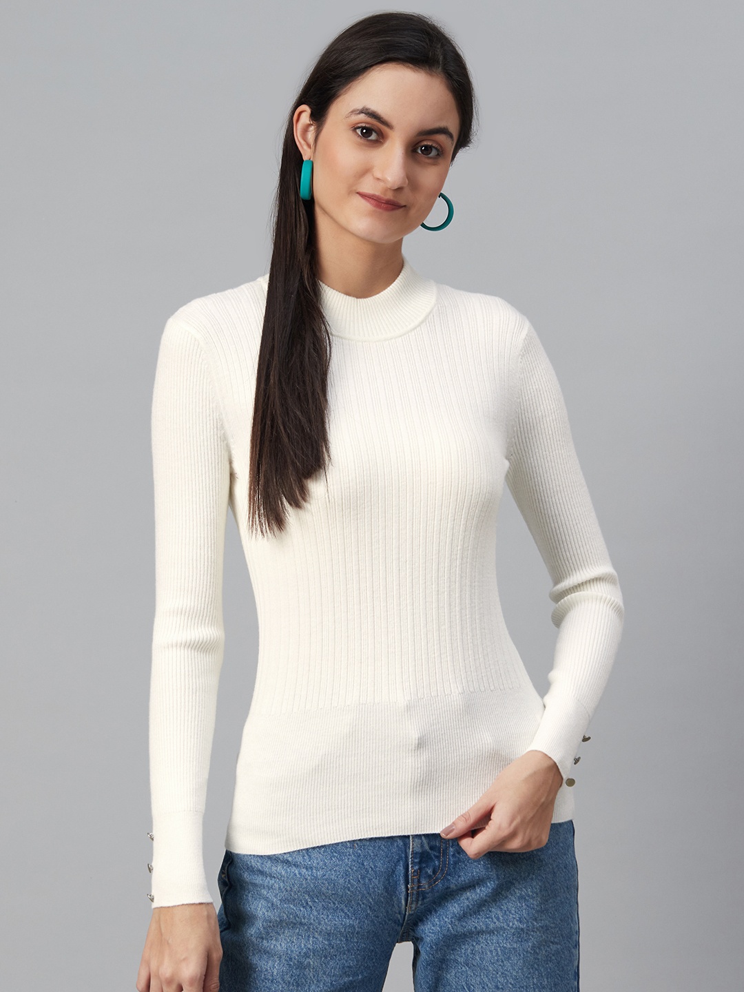 

Marks & Spencer Women Cream-Coloured Self-Striped Pullover Sweater