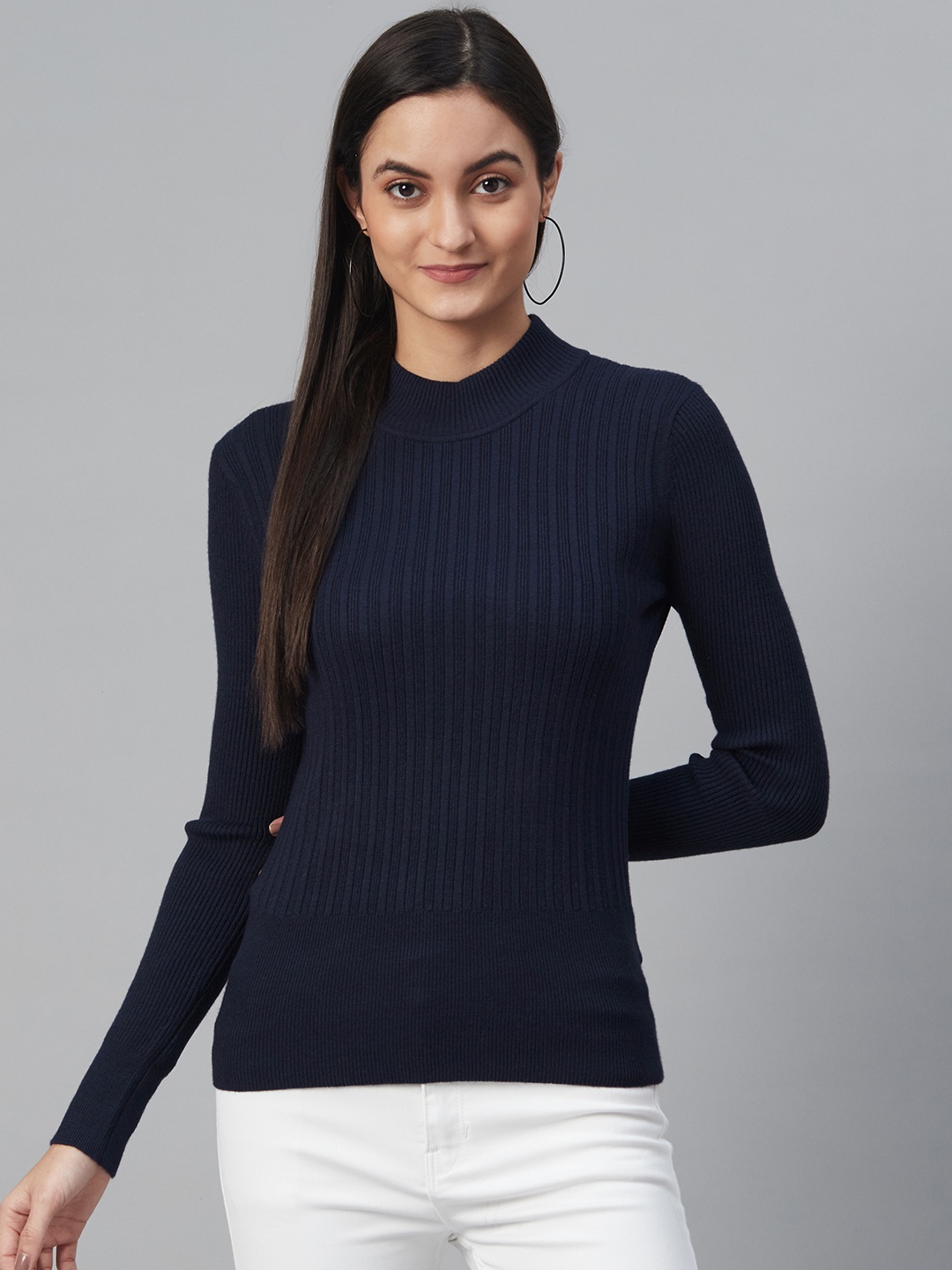 

Marks & Spencer Women Navy Blue Self Striped Pullover Sweater