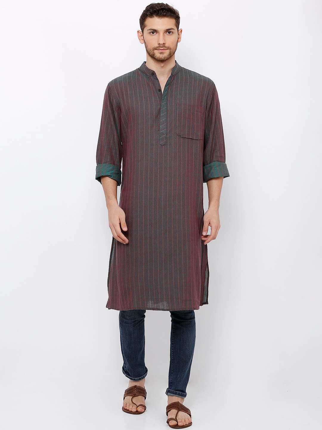 

SALWAR STUDIO Men Teal Green & Maroon Woven Design Straight Handloom Kurta