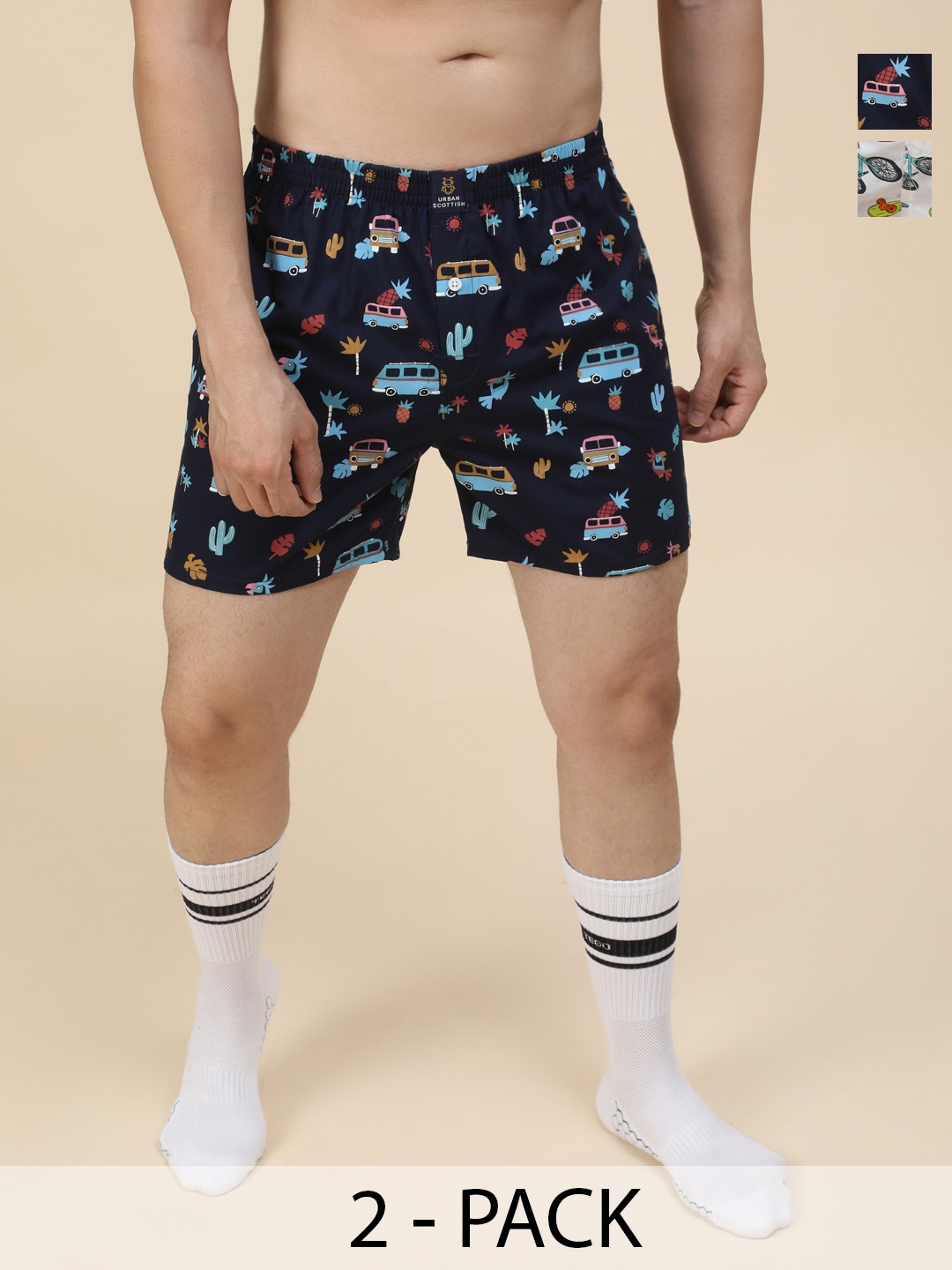 

URBAN SCOTTISH Men Pack Of 2 Printed Pure Cotton Boxers, White
