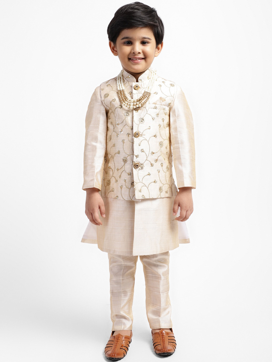 

ahhaaaa Boys Gold-Toned Self Design Kurta with Churidar