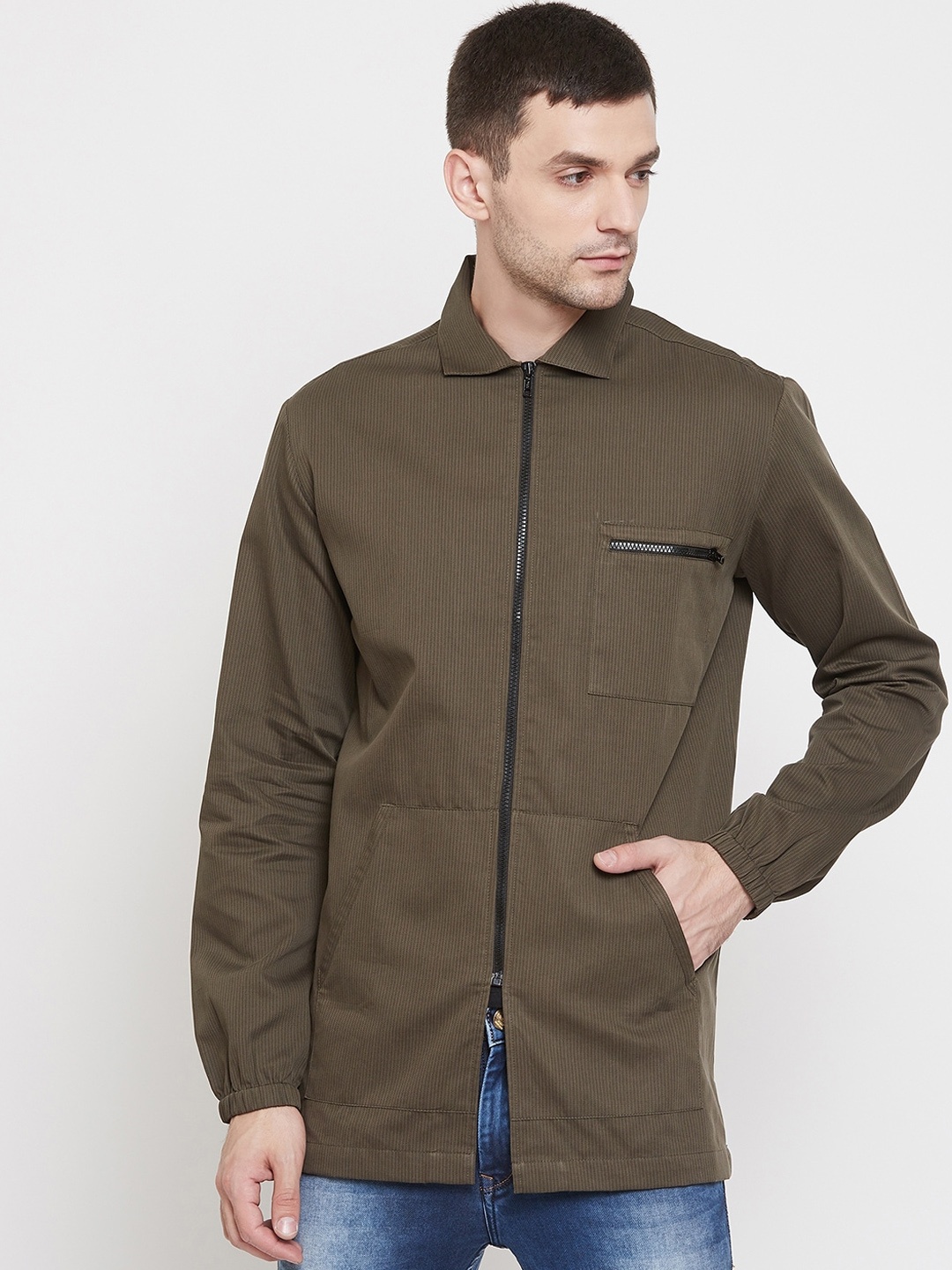 

Crimsoune Club Men Olive Green Solid Open Front Anti-Viral Shacket