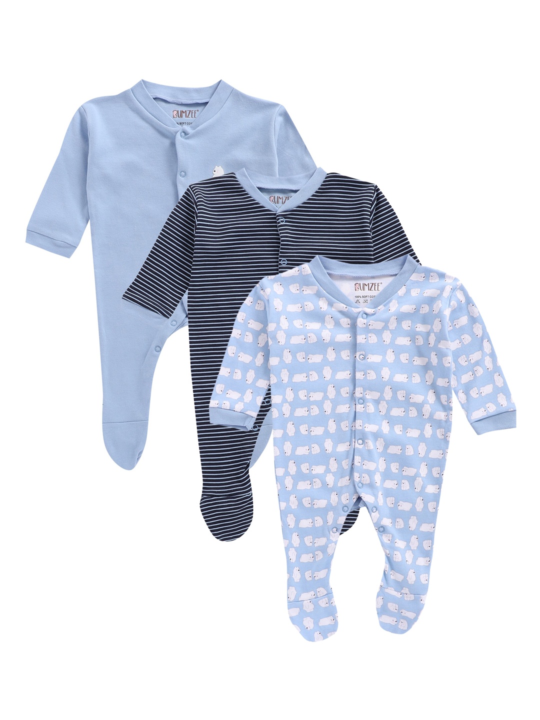 

BUMZEE Infant Kids Set Of 3 Sleepsuits, Blue