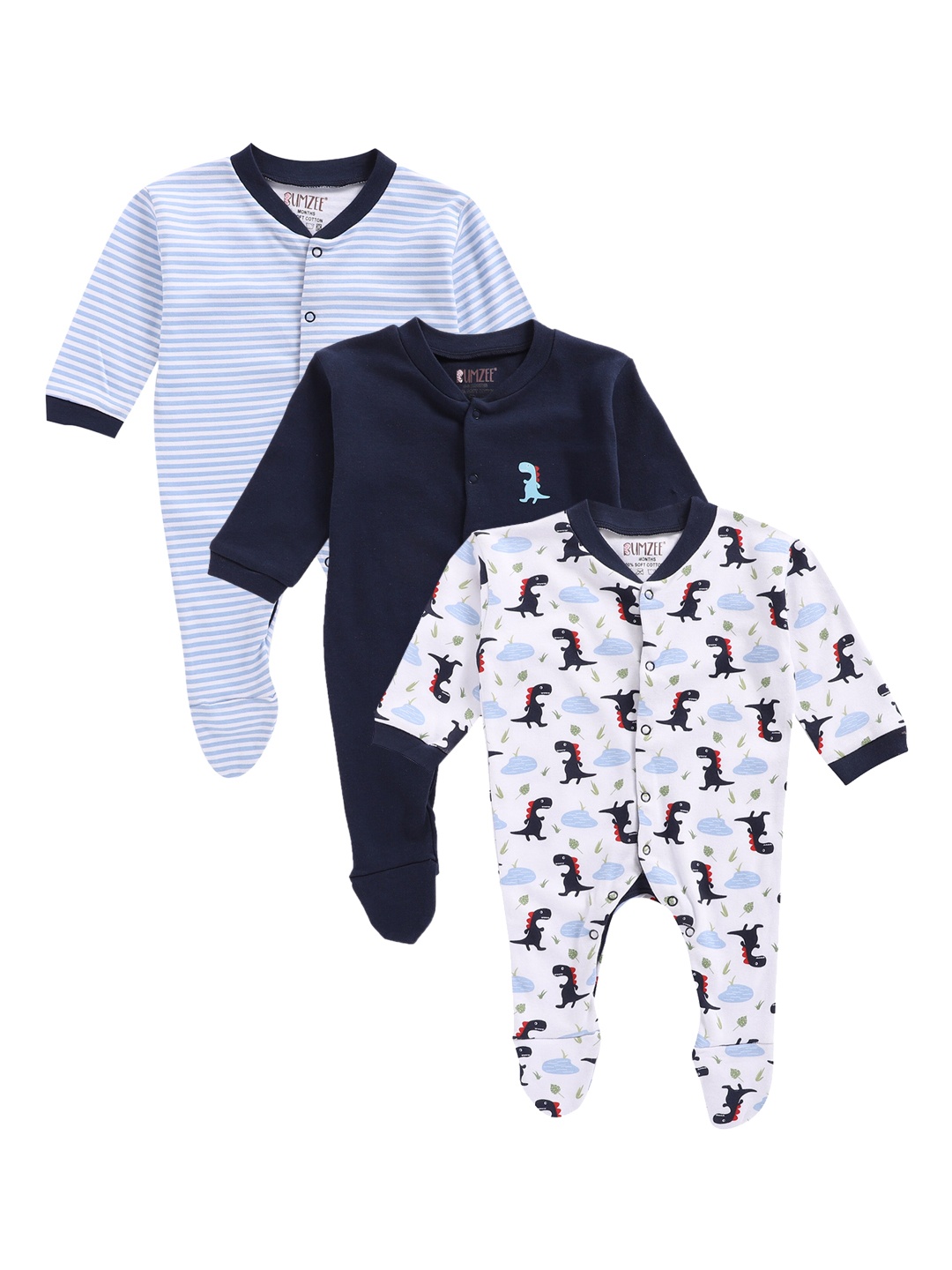 

BUMZEE Infant Unisex Kids Set Of 3 Sleepsuits, Navy blue