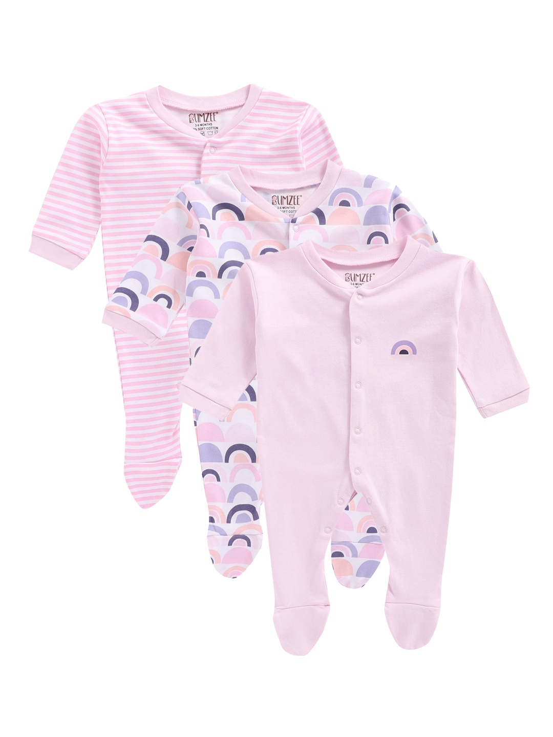 

BUMZEE Infant Unisex Kids Set Of 3 Sleepsuits, Pink