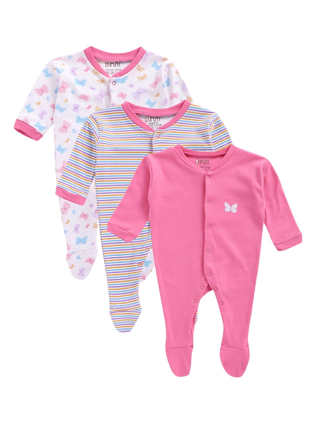 

BUMZEE Infant Unisex Kids Set Of 3 Sleepsuits, Pink