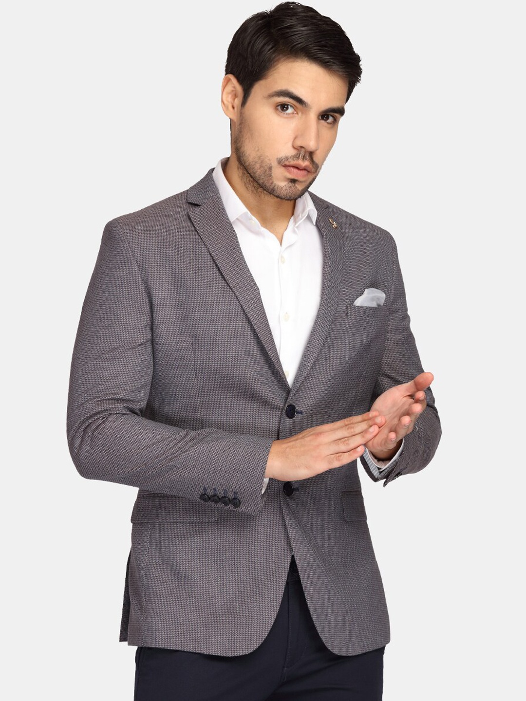 

Theme Men Grey & Blue Self-Design Single-Breasted Casual Blazer