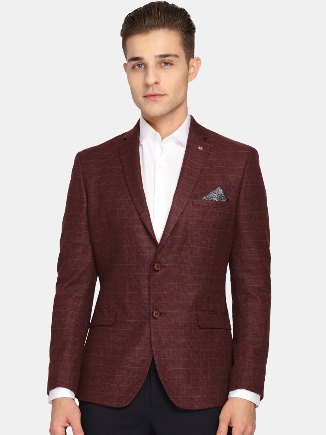 

Theme Men Burgundy Striped Single-Breasted Blazer