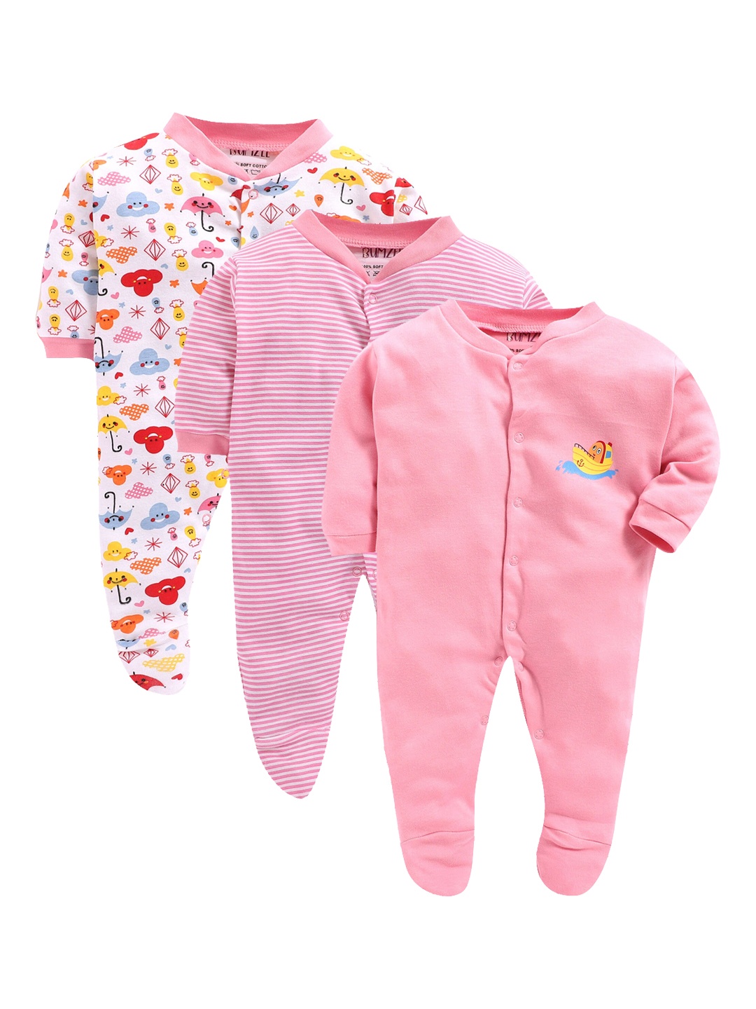 

BUMZEE Newborn Unisex Kids Set Of 3 Sleepsuits, Pink