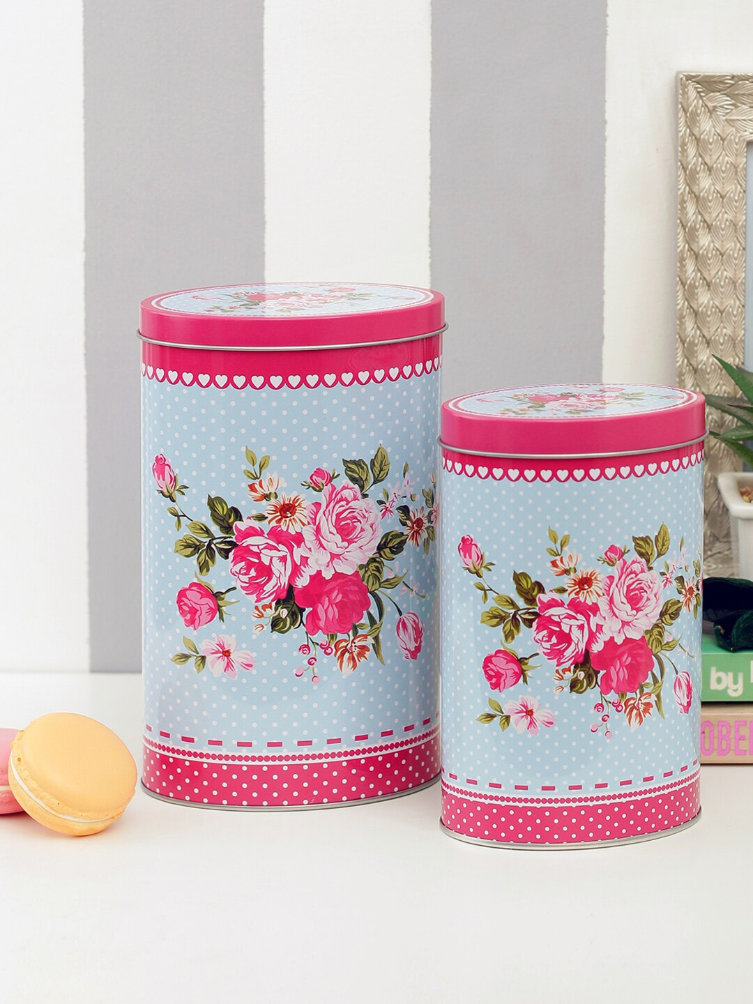 

A Vintage Affair- Home Decor Set Of 2 Blue & Pink Floral Printed Canisters