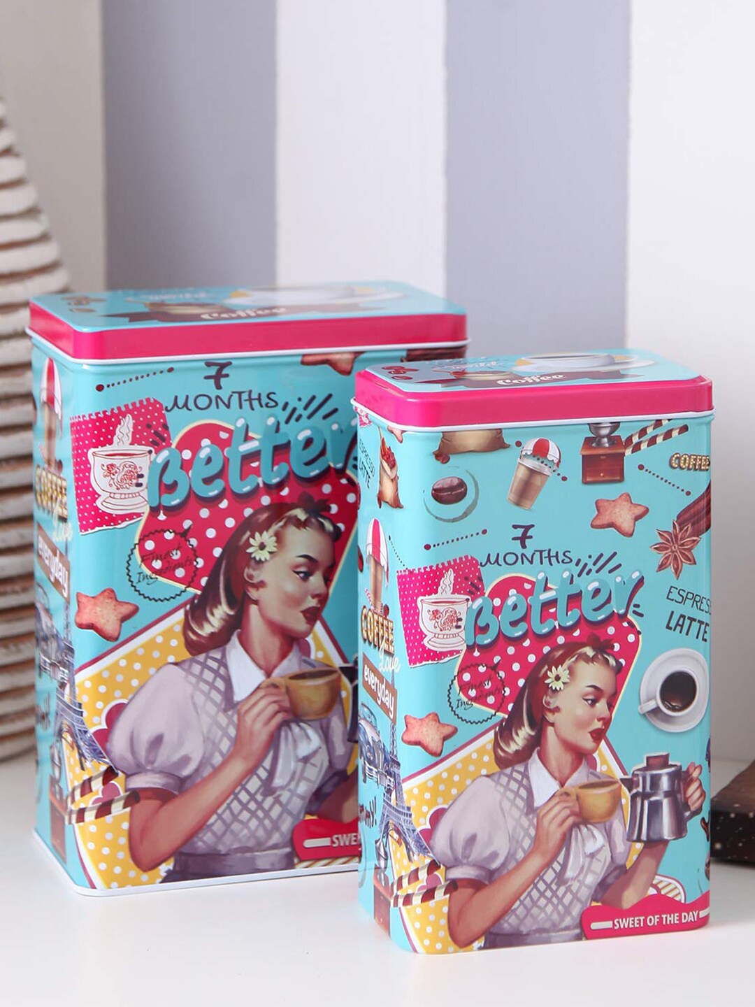 

A Vintage Affair- Home Decor Set Of 2 Blue & Pink Long Retro Storage Metal Tins