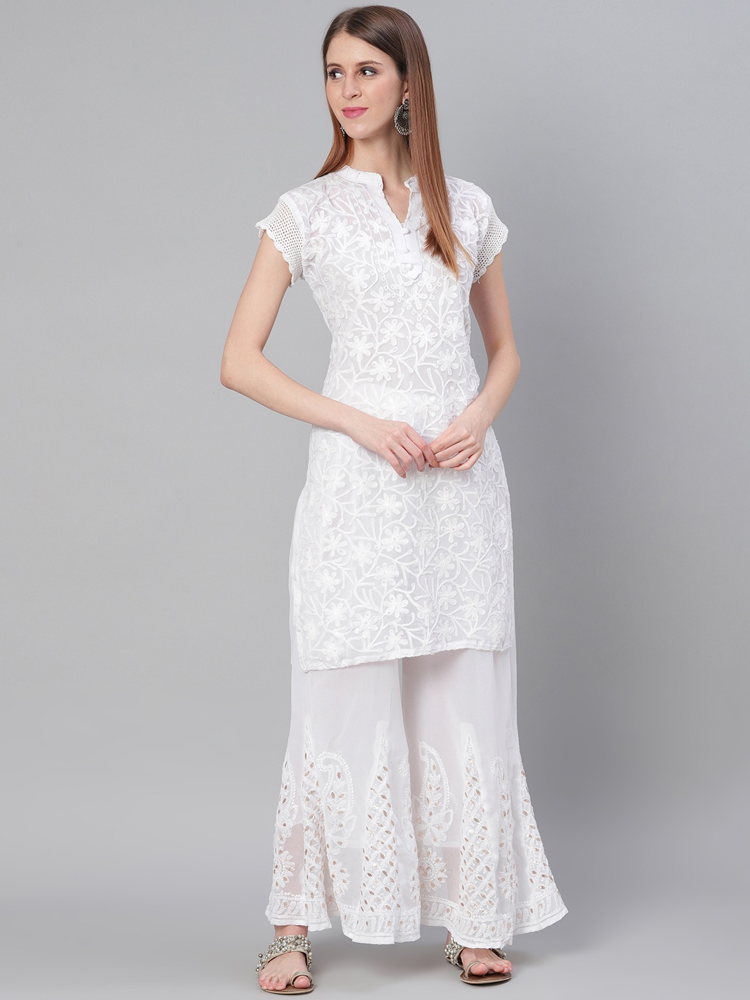 

Saadgi Women White Aari Embroidered Handloom Kurta with Palazzos