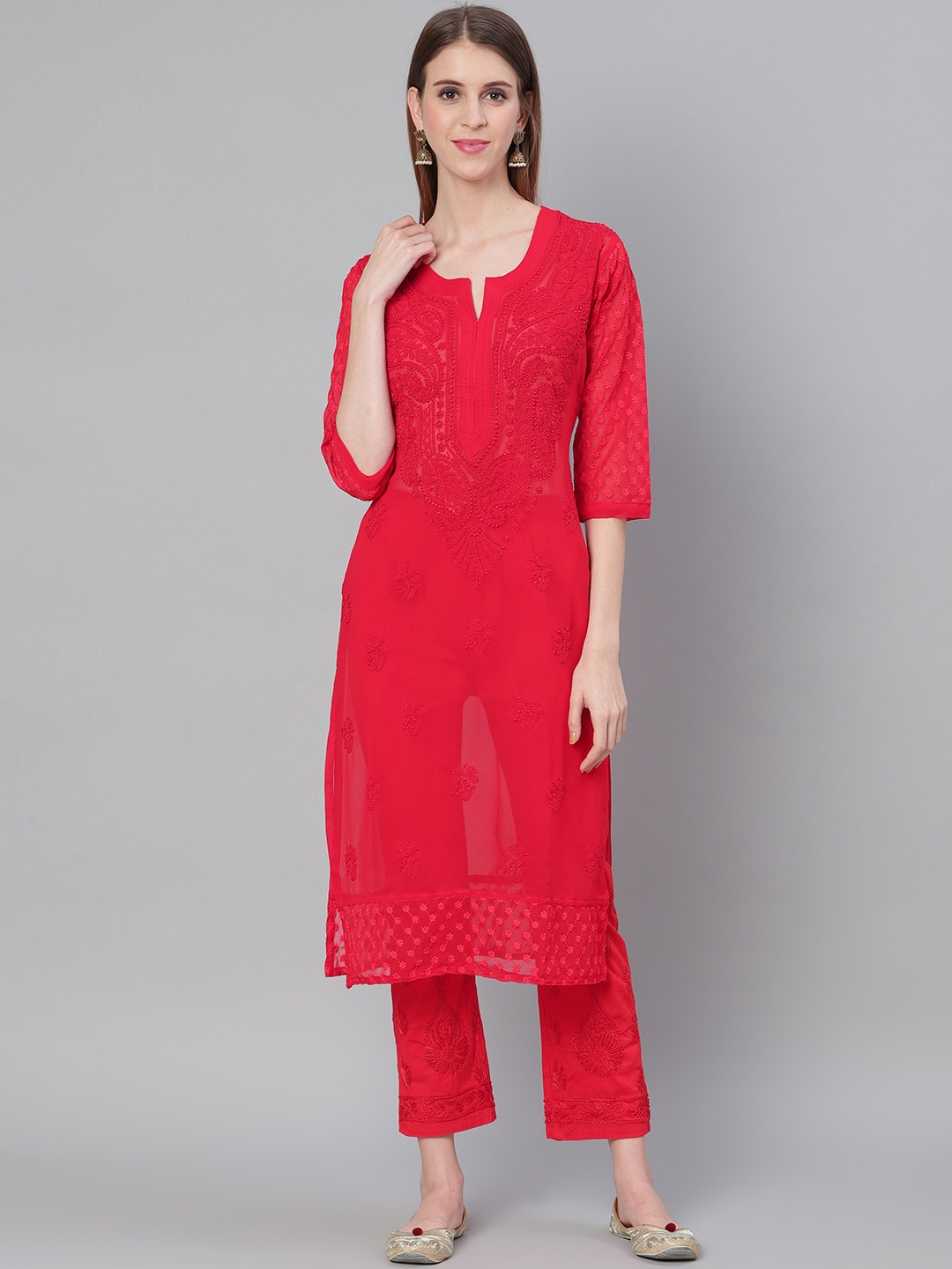 

Saadgi Women Red Chikankari Embroidered Handloom Semi-Sheer Kurta with Trousers