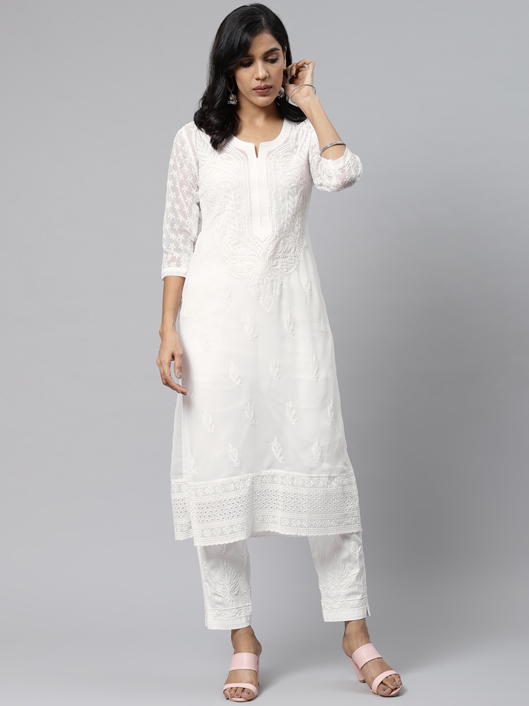 

Saadgi Women White Chikankari Embroidered Handwork Kurta with Trousers