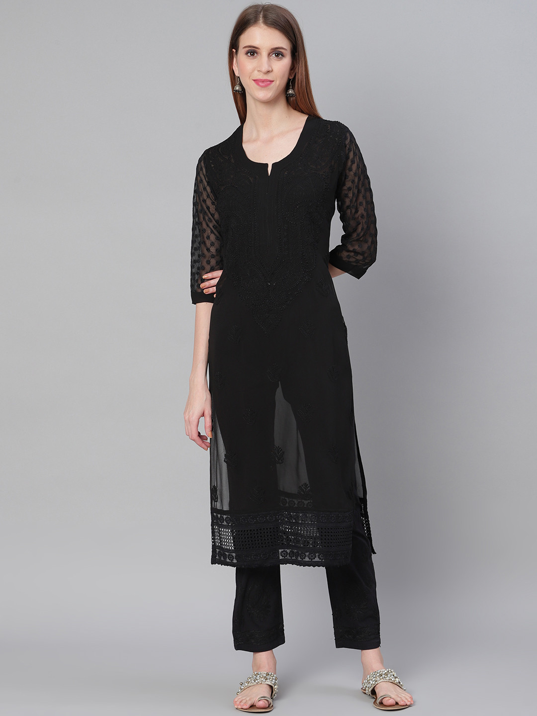 

Saadgi Women Black Chikankari Embroidered Handloom Semi-Sheer Kurta with Trousers