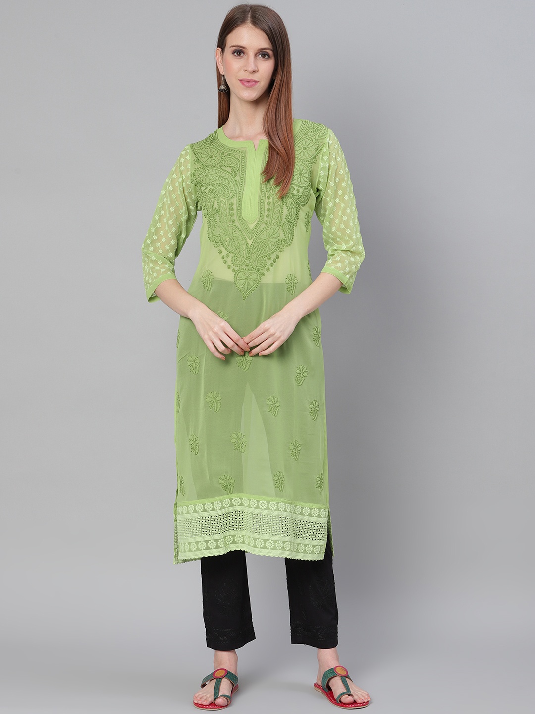 

Saadgi Women Green & Black Chikankari Embroidered Handloom Semi-Sheer Kurta with Trousers
