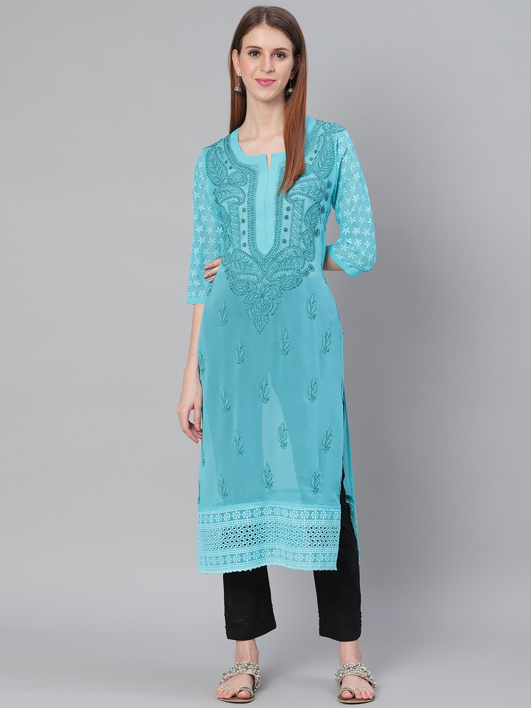 

Saadgi Women Green & Black Chikankari Embroidered Handloom Semi-Sheer Kurta with Trousers