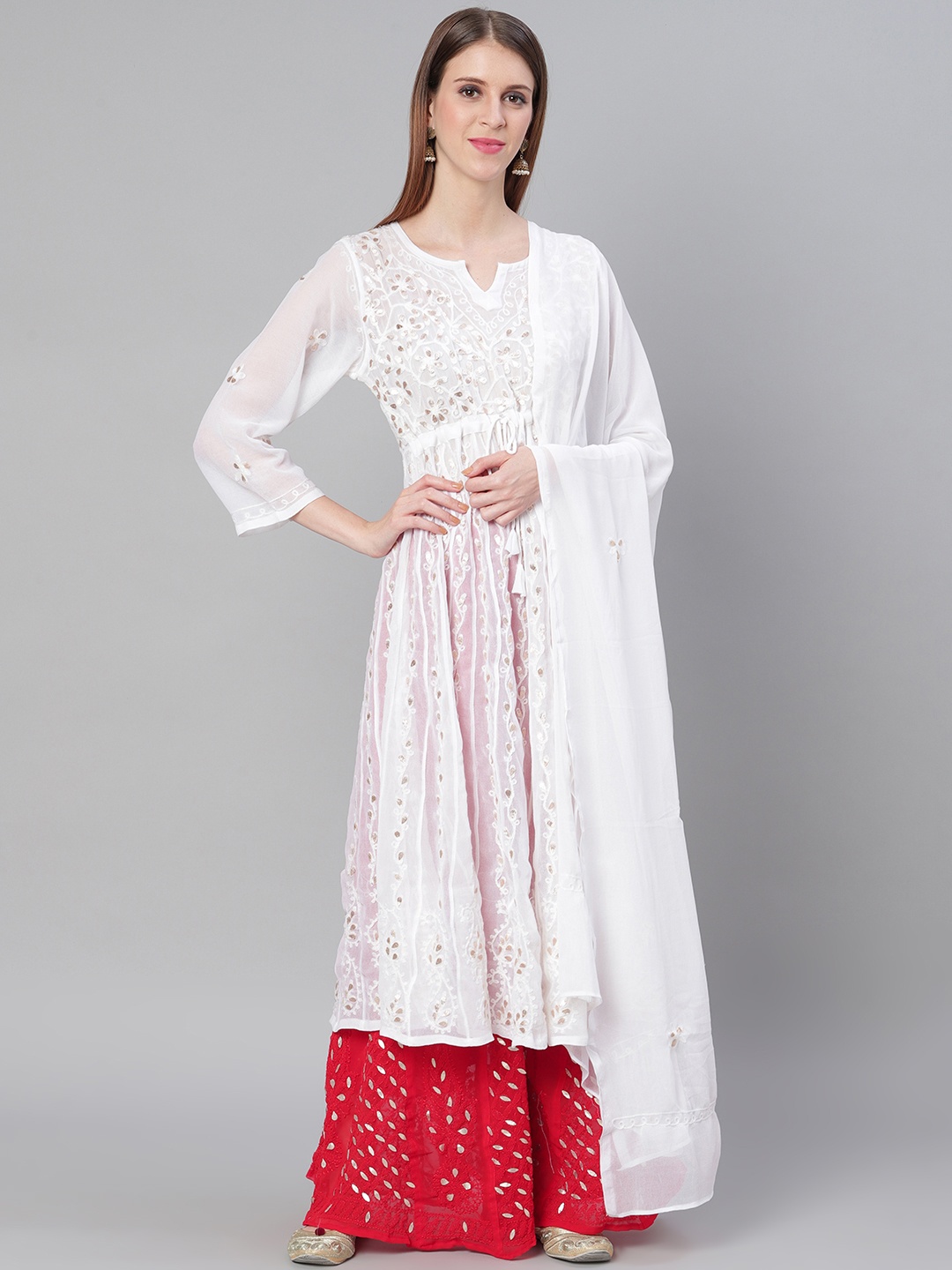 

Saadgi Women White & Red Chikankari Embroidered Anarkali Kurta with Palazzos & Dupatta