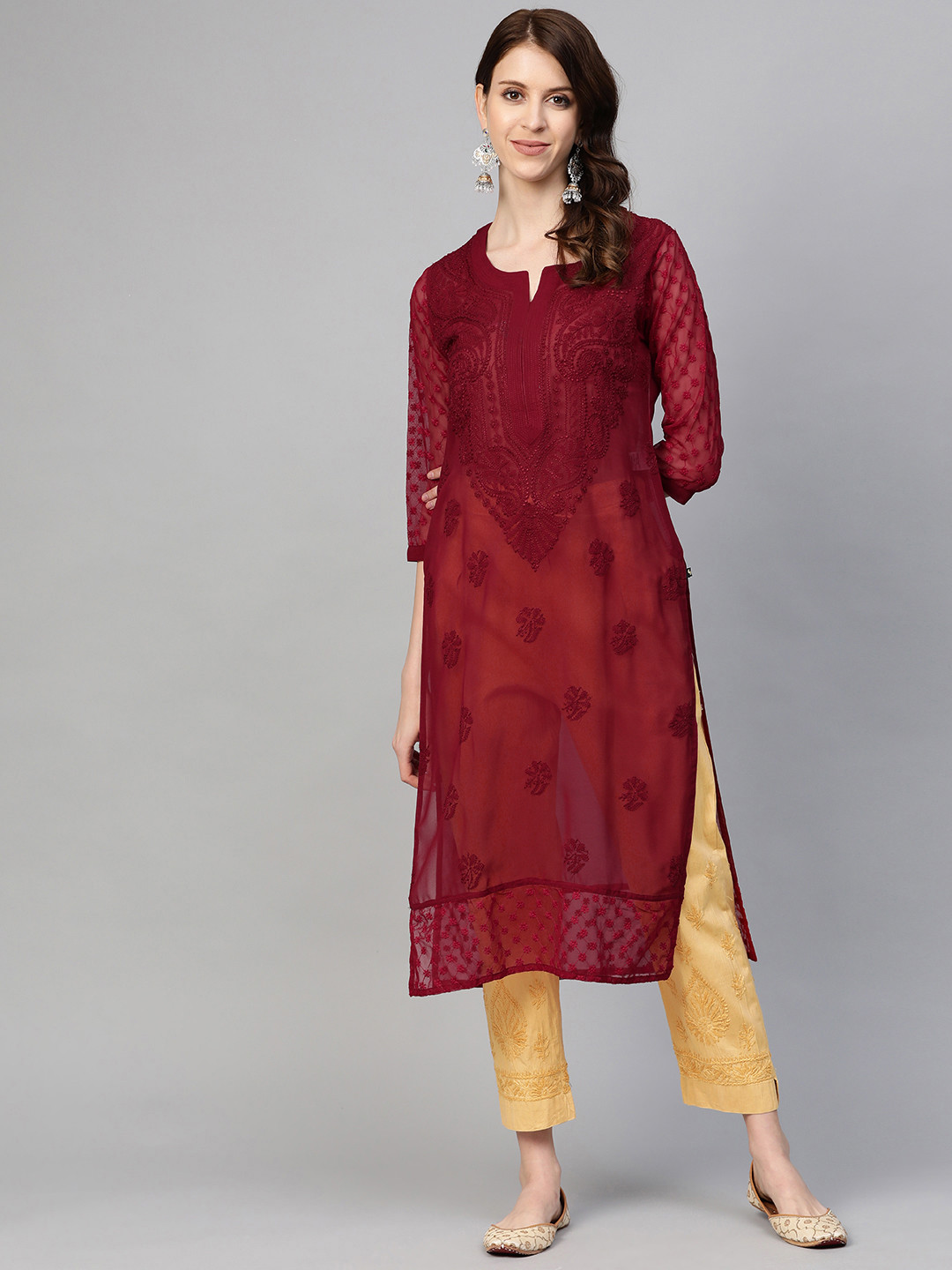 

Saadgi Women Maroon & Beige Chikankari Embroidered Handwork Kurta with Trousers