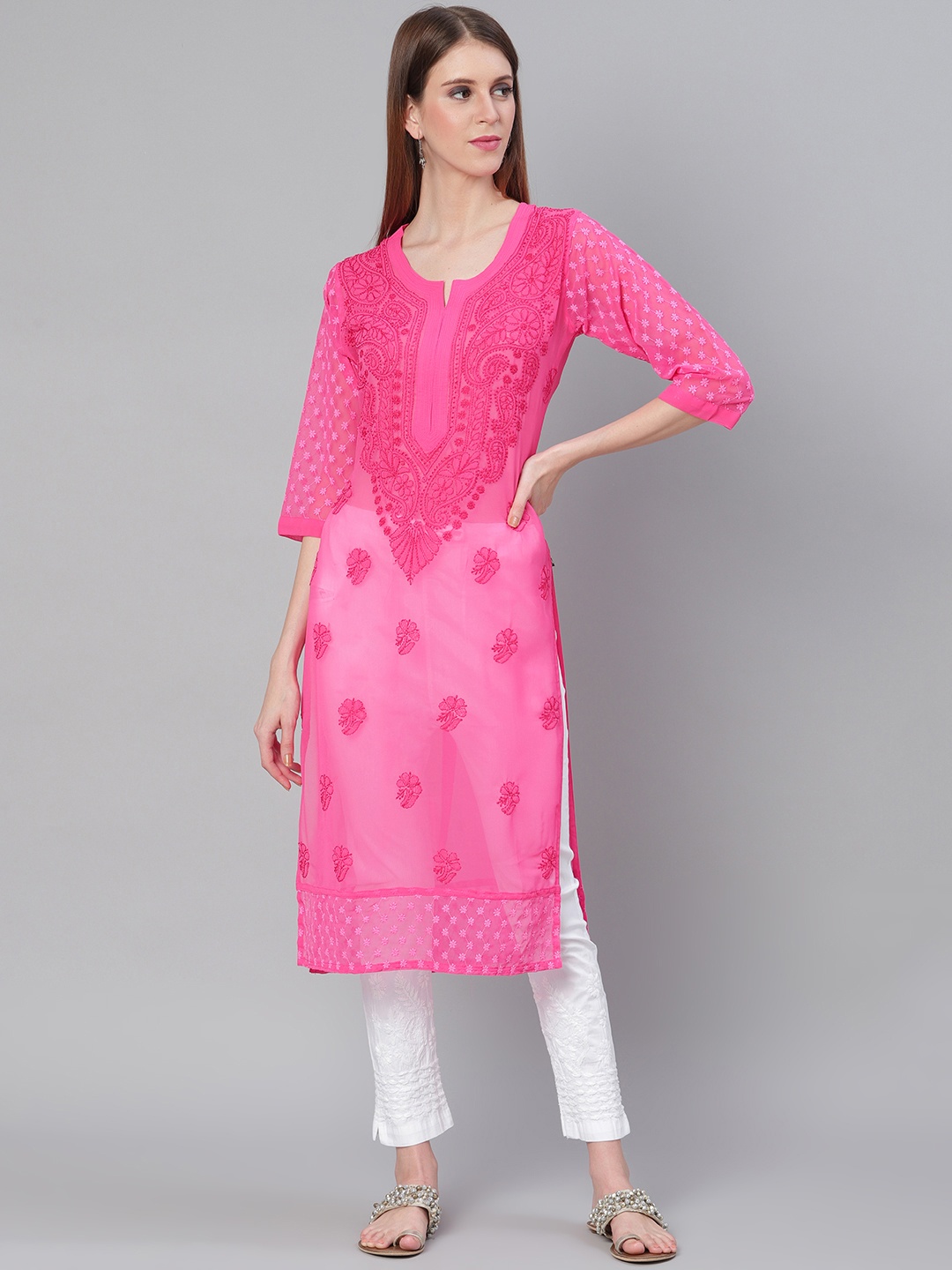 

Saadgi Women Pink & White Chikankari Embroidered Handloom Kurta with Trousers