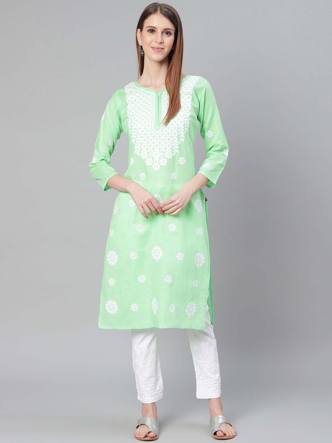 

Saadgi Women Green & White Chikankari Embroidered Handloom Kurta with Trousers