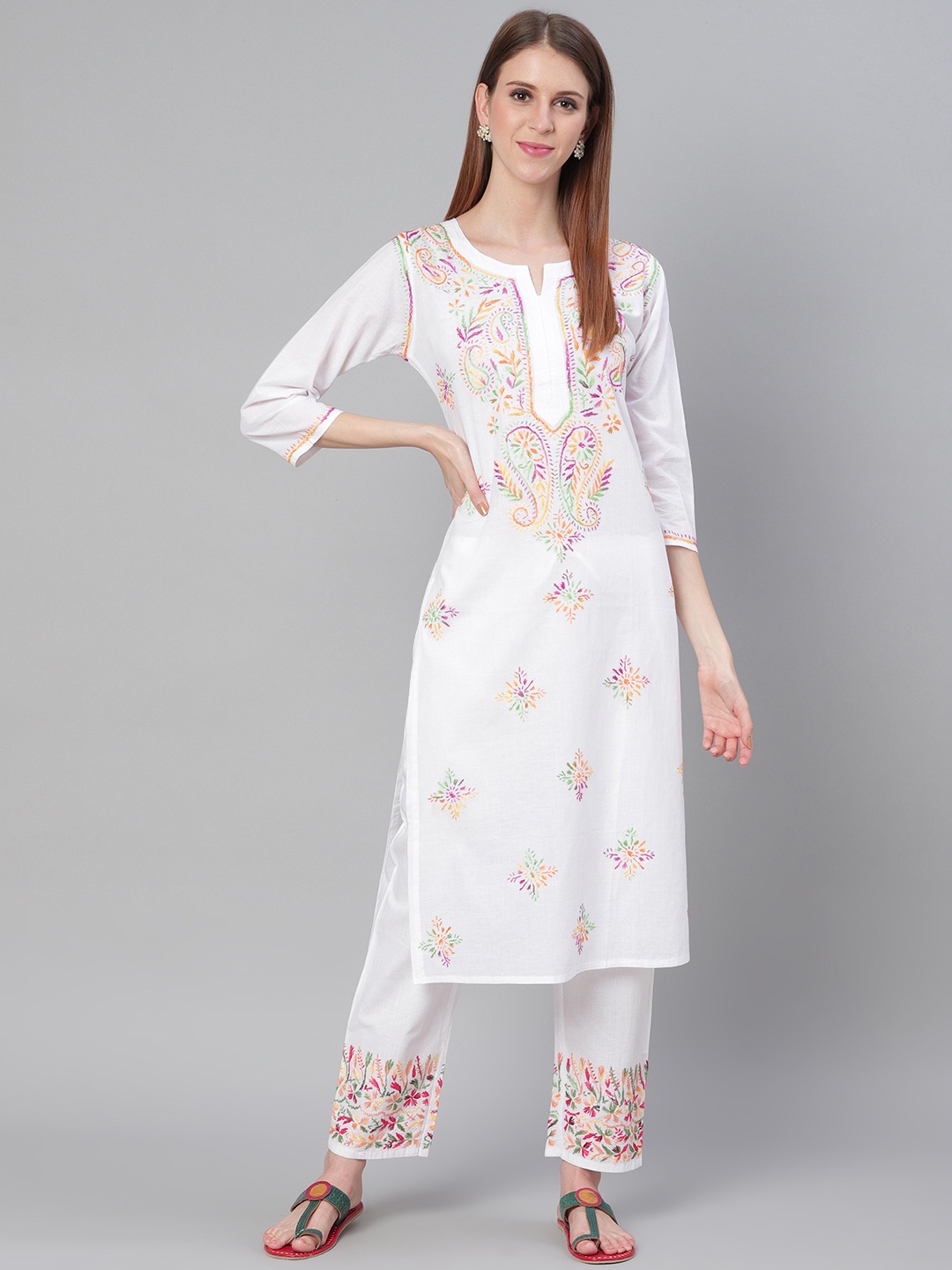 

Saadgi Women White Chikankari Embroidered Handloom Kurta with Trousers