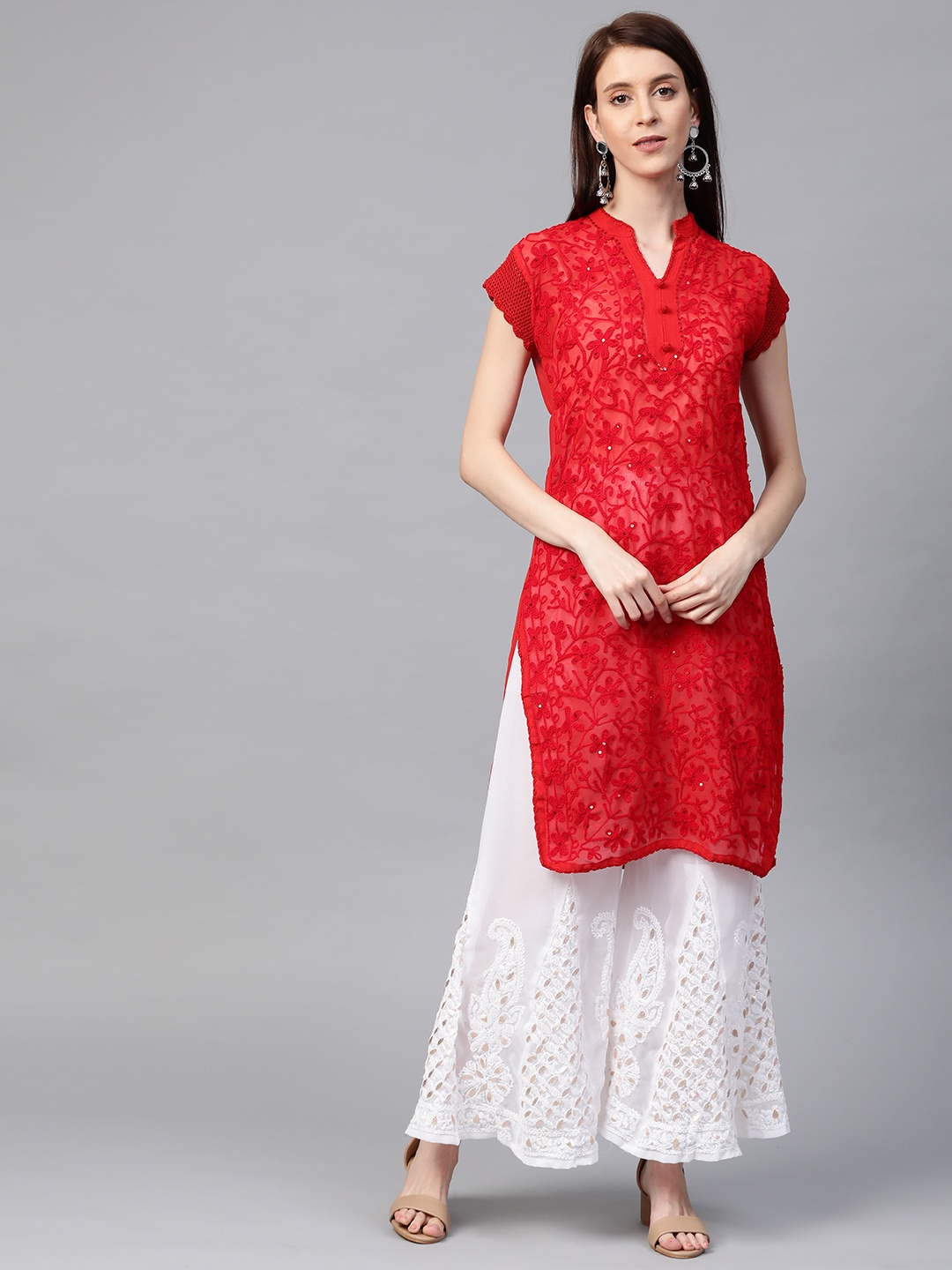 

Saadgi Women Red & White Handloom Chikankari Embroidered Sheer Kurta with Palazzos