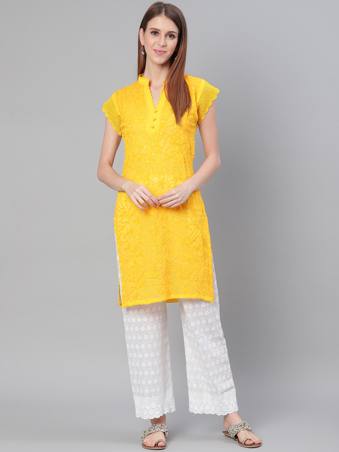 

Saadgi Women Yellow Handloom Chikankari Embroidered Straight Kurta