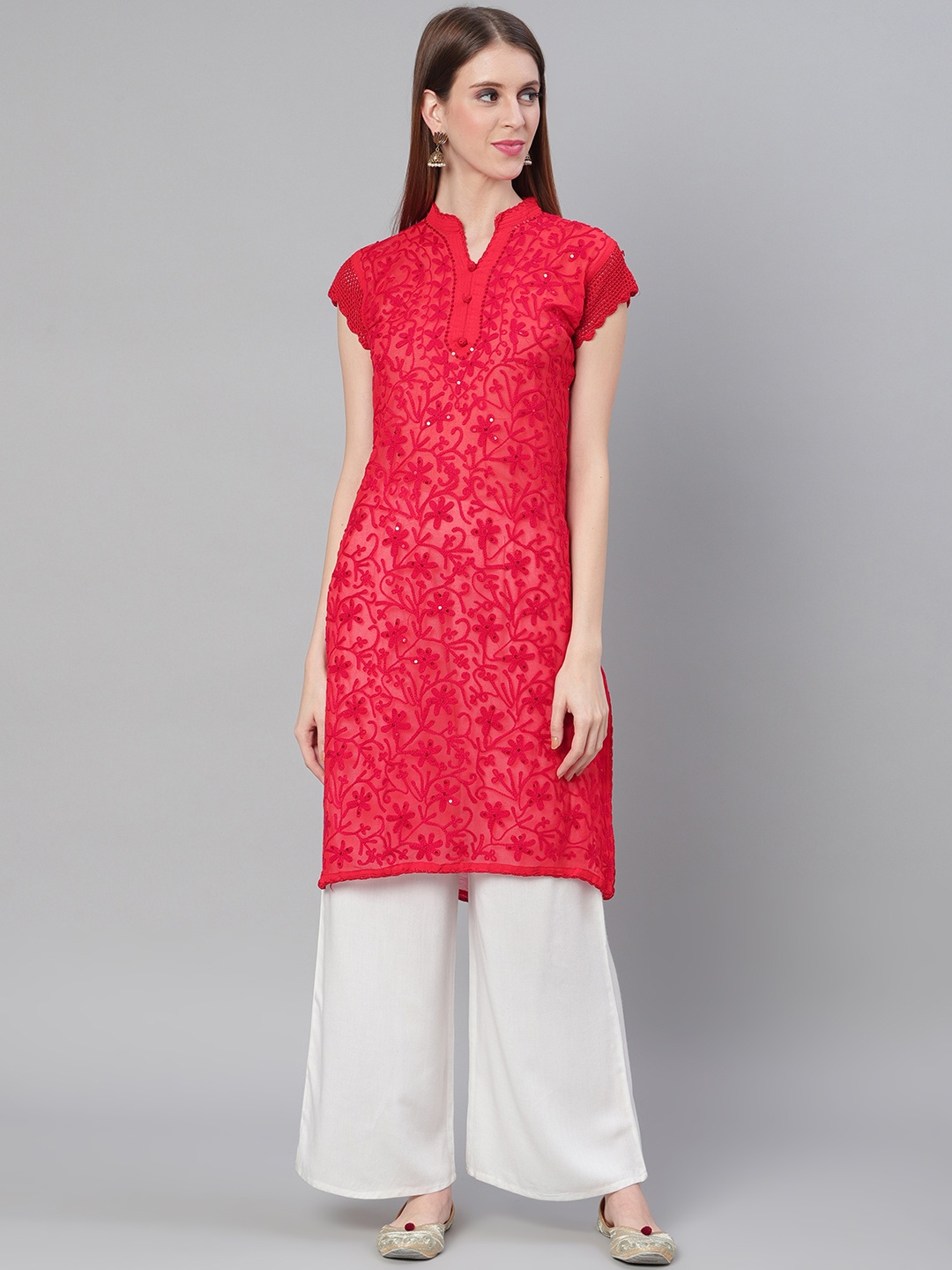

Saadgi Women Red Aari Embroidered Handloom Sheer Straight Kurta