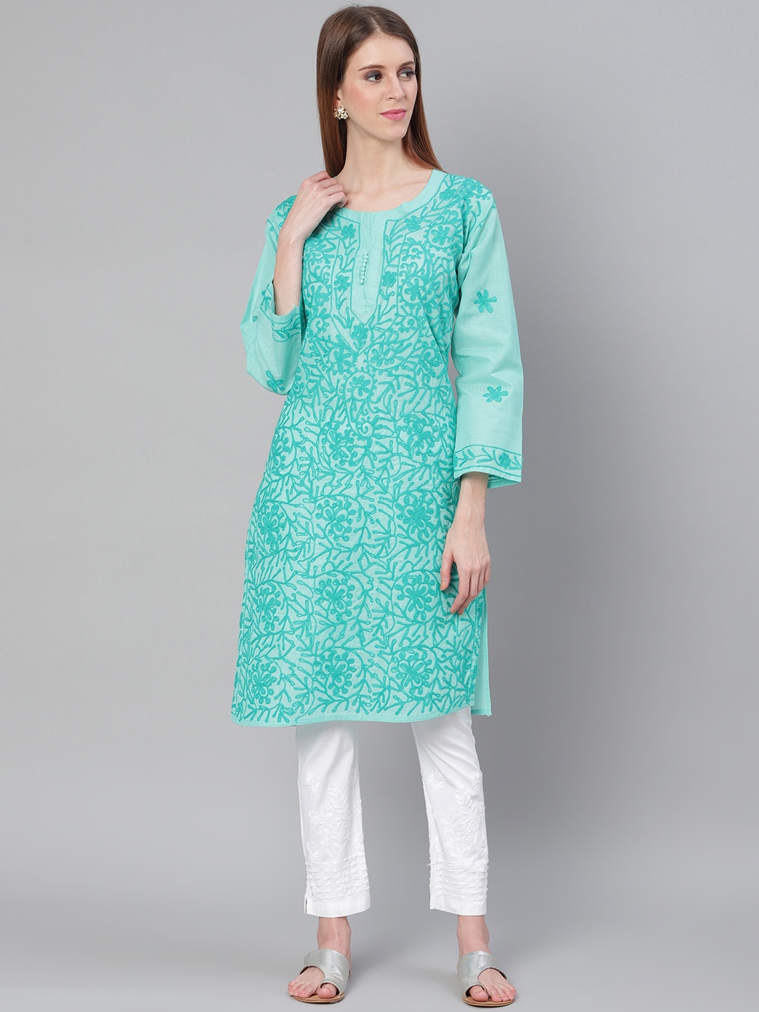 

Saadgi Women Green Aari Embroidered Handloom Straight Kurta