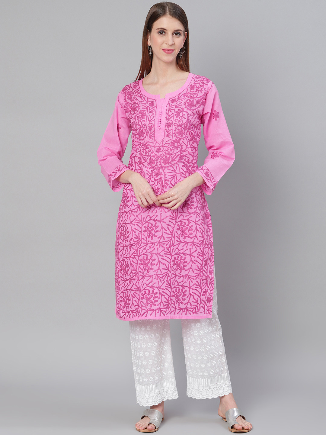 

Saadgi Women Pink Aari Embroidered Handloom Straight Kurta