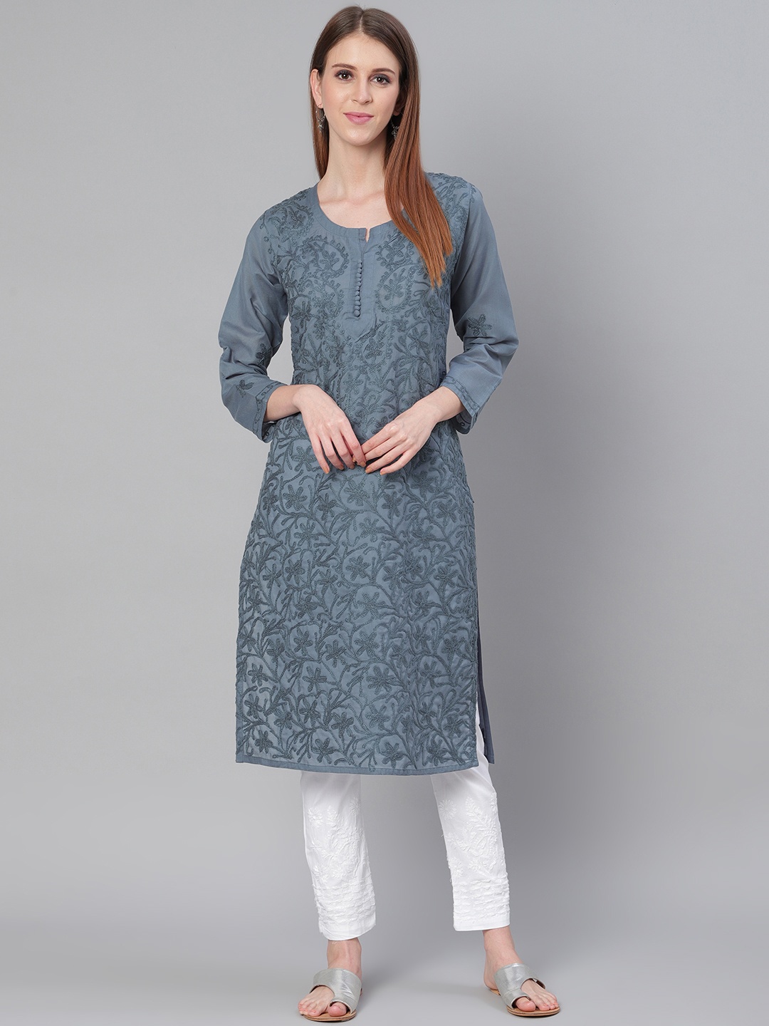 

Saadgi Women Grey Handloom Chikankari Embroidered Straight Kurta
