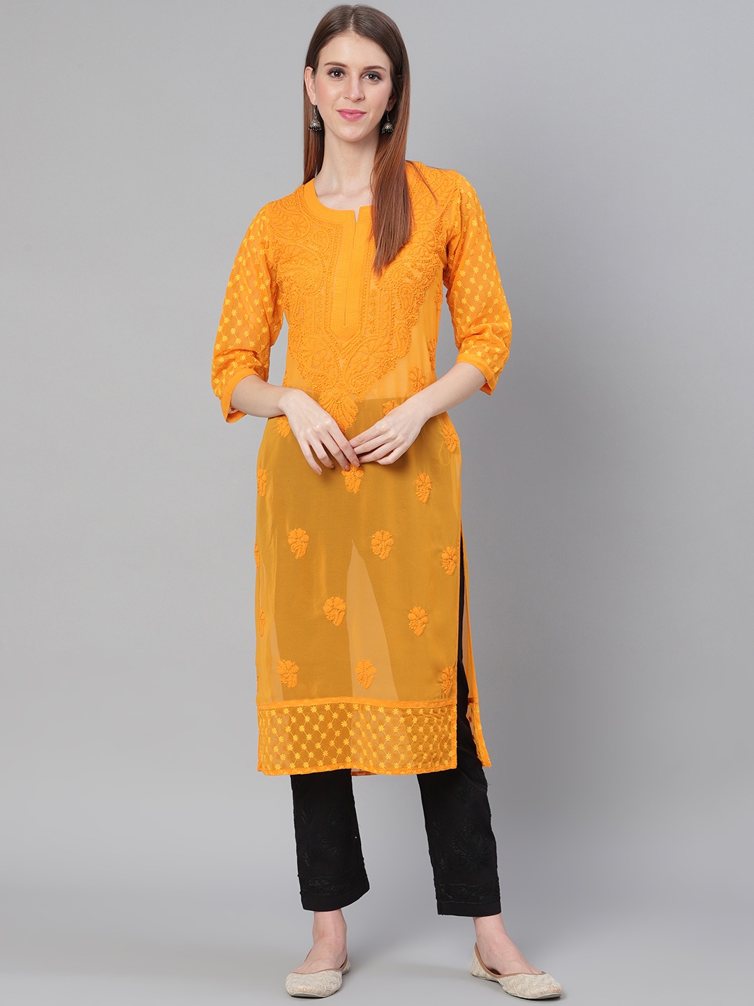 

Saadgi Women Yellow Handloom Chikankari Embroidered Straight Kurta, Mustard