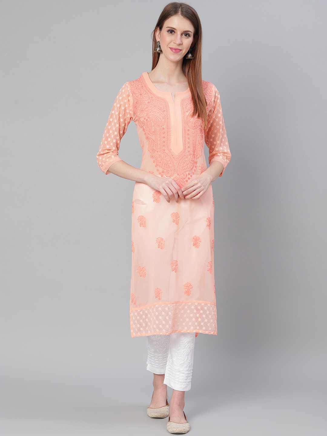 

Saadgi Women Peach-Coloured Chikankari Hand Embroidered Handloom Straight Kurta