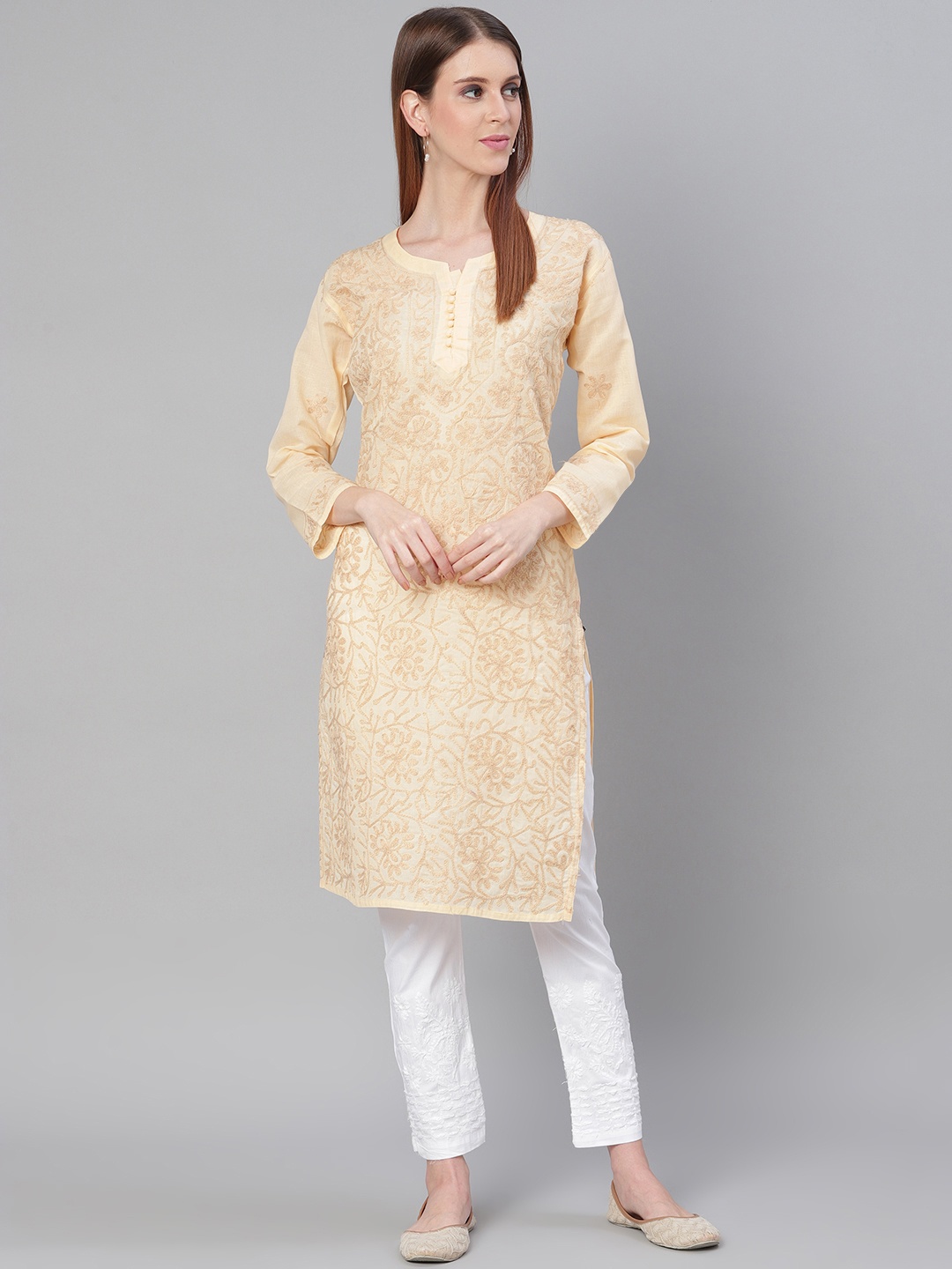 

Saadgi Women Beige Aari Embroidered Handloom Straight Kurta