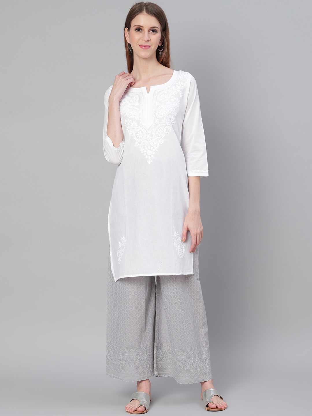 

Saadgi Women White Yoke Design Handloom Straight Kurta