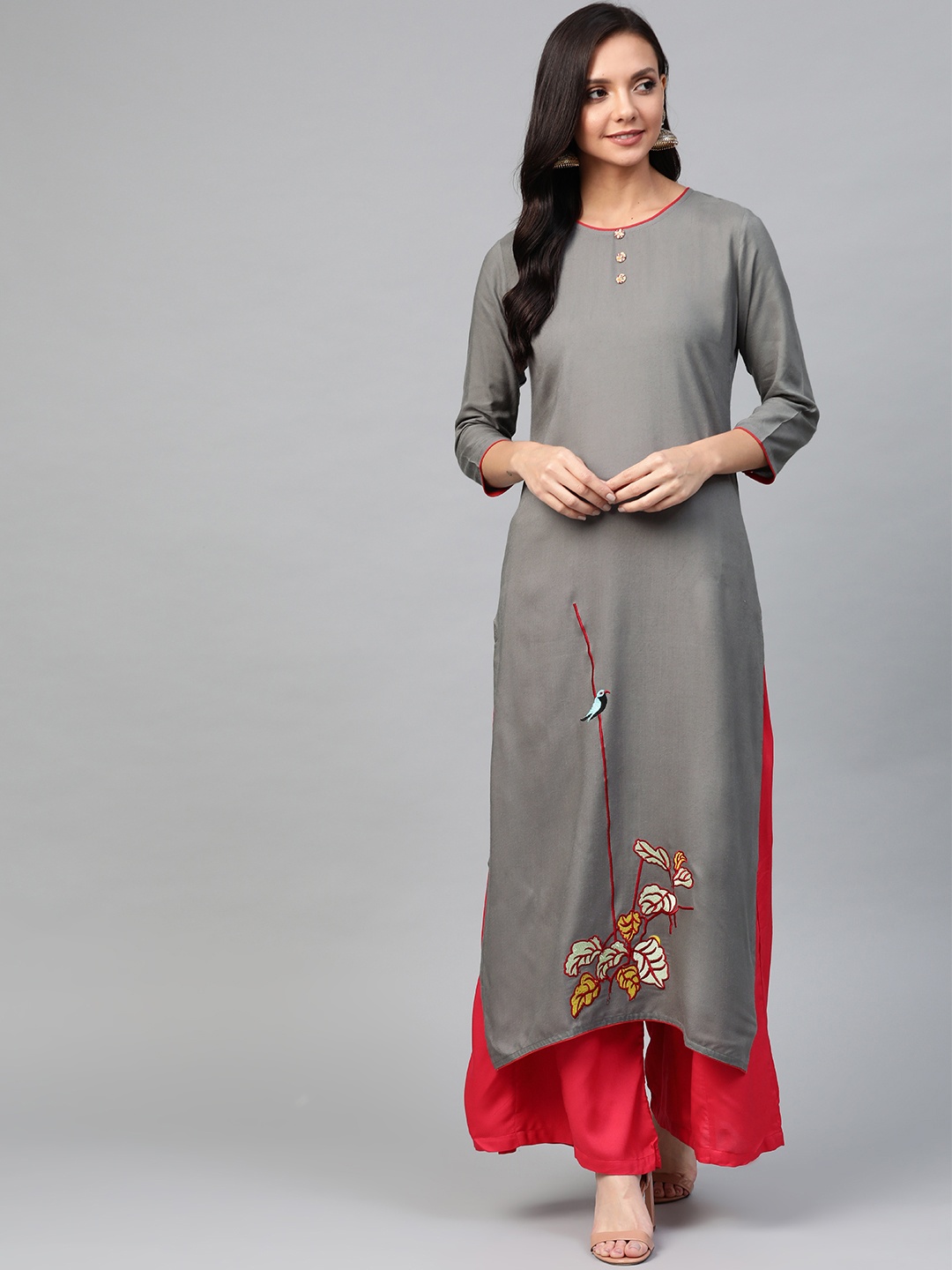

Aprique FAB Women Grey Embroidered Detail Straight Kurta