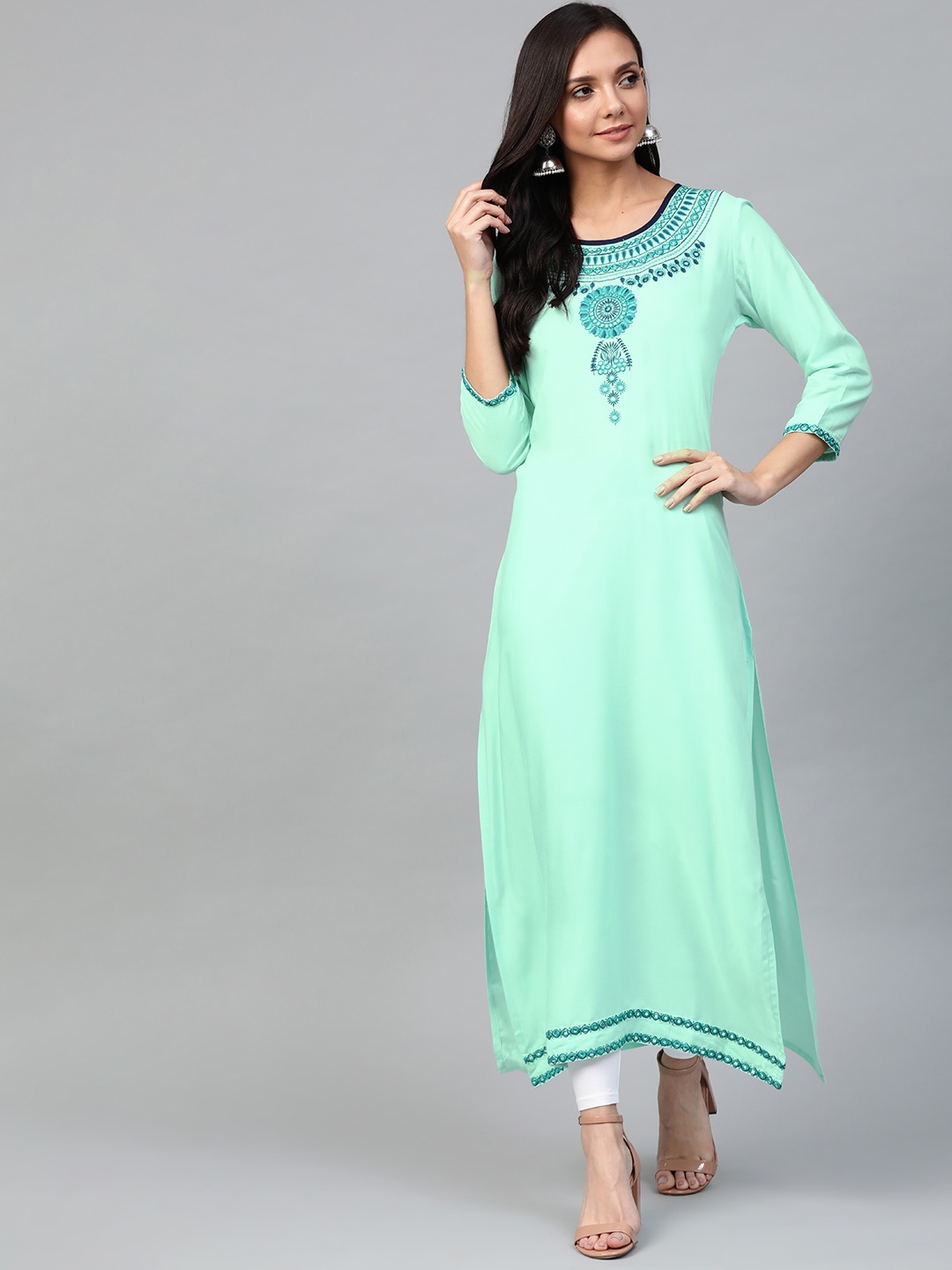 

Aprique FAB Women Sea Green Yoke Design Embroidered Straight Kurta