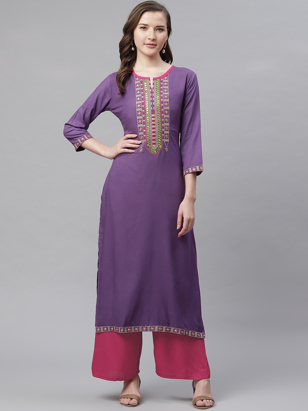 

Aprique FAB Women Purple Yoke Design Embroidered Straight Kurta