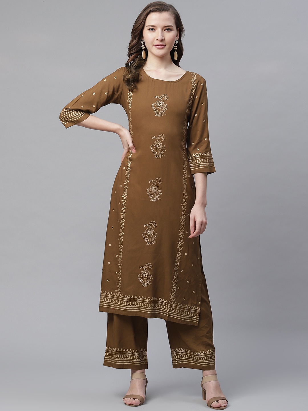 

Aprique FAB Women Olive Brown & Golden Block Print Kurta with Palazzos